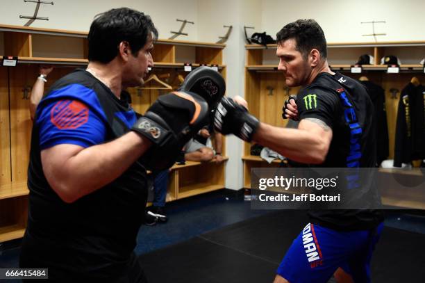 Chris Weidman warms up backstage during the UFC 210 event at the KeyBank Center on April 8, 2017 in Buffalo, New York.