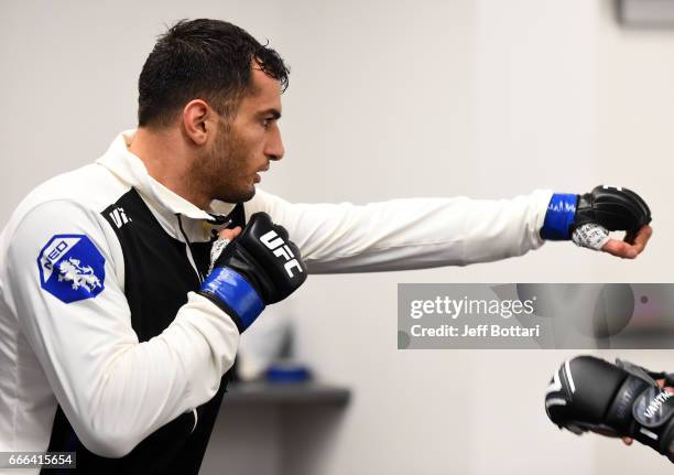 Gegard Mousasi of the Netherlands warms up backstage during the UFC 210 event at the KeyBank Center on April 8, 2017 in Buffalo, New York.