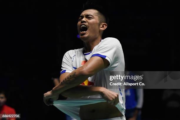 Lin Dan of China celebrates after he defeated Lee Chong Wee of Malaysia during the men's singles final of the 2017 World BWF Super Series Malaysia...