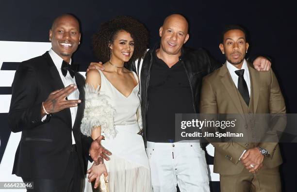 Actors Tyrese Gibson, Nathalie Emmanuel, Vin Diesel and Ludacris attend "The Fate Of The Furious" New York premiere at Radio City Music Hall on April...