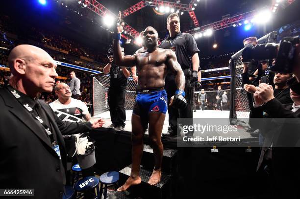 Anthony Johnson reacts in his final moments in the Octagon after announcing his retirement from MMA following his submission loss to Daniel Cormier...