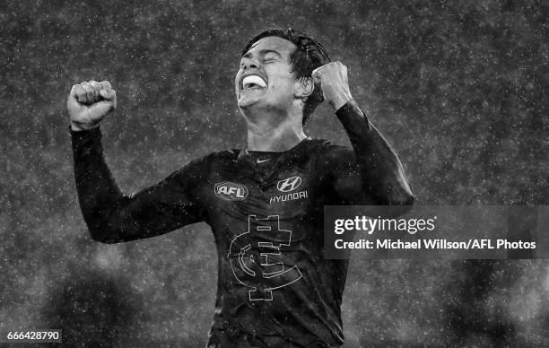 Jack Silvagni of the Blues celebrates as the final siren sounds during the 2017 AFL round 03 match between the Carlton Blues and the Essendon Bombers...