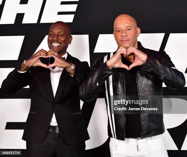 Tyrese Gibson and Vin Diesel attend 'The Fate Of The Furious' New York premiere at Radio City Music Hall on April 8, 2017 in New York City.