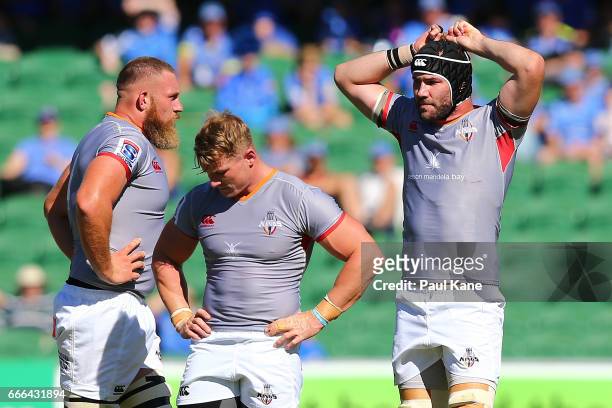Irne Herbst, Christopher Cloete and Wilhelm van der Sluys of the Kings look on during the round seven Super Rugby match between the Force and the...