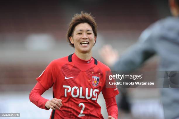 Kana Osafune of Urawa Red Diamonds Ladies celebrates scoring her team`s second goal during the Nadeshiko League Cup Group B match between Urawa Red...