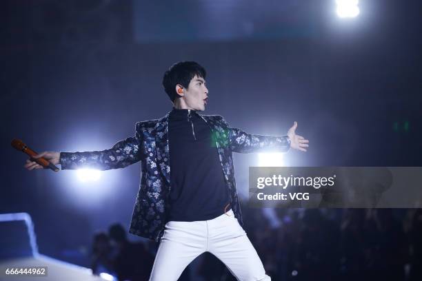 Singer Jam Hsiao performs during the press conference of lingerer brand Cosmo Lady on April 8, 2017 in Shenzhen, Guangdong Province of China.