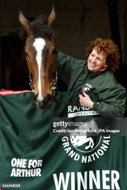 Grand National winner One For Arthur pictured with Lucinda Russell at her yard in Kinross, Scotland.