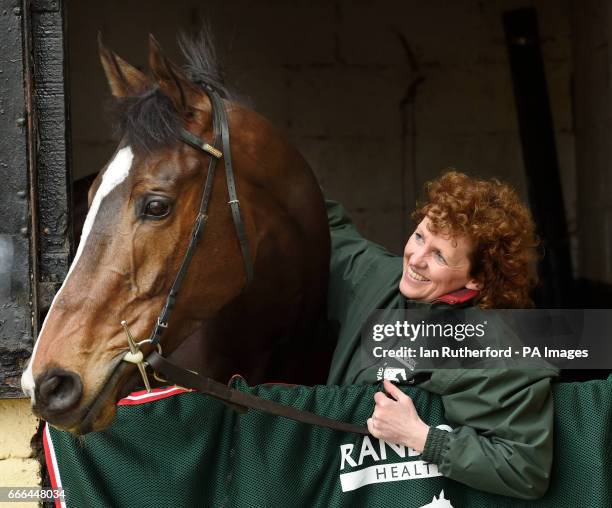 Grand National winner One For Arthur pictured with Lucinda Russell at her yard in Kinross, Scotland.