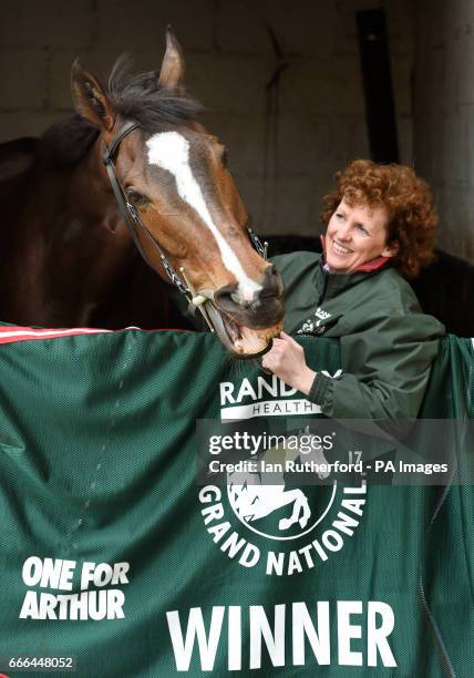 Grand National winner One For Arthur pictured with Lucinda Russell at her yard in Kinross, Scotland.