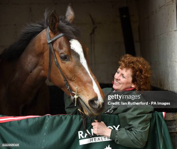 Grand National winner One For Arthur pictured with Lucinda Russell at her yard in Kinross, Scotland.
