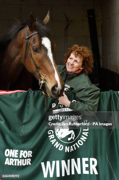 Grand National winner One For Arthur pictured with Lucinda Russell at her yard in Kinross, Scotland.