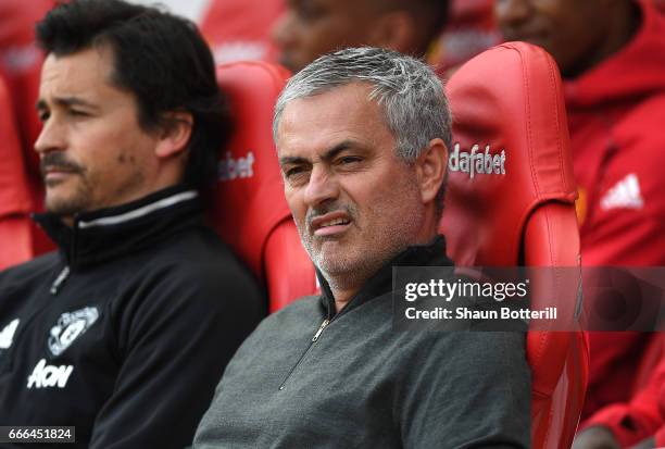 Jose Mourinho, Manager of Manchester United looks on with assistant Rui Faria during the Premier League match between Sunderland and Manchester...