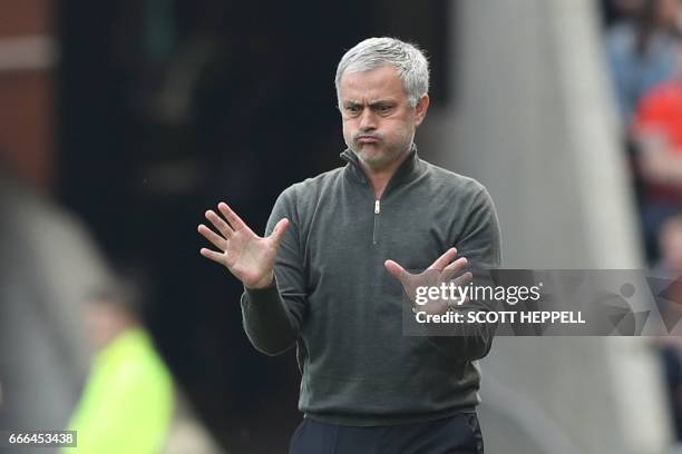 Manchester United's Portuguese manager Jose Mourinho reacts during the English Premier League football match between Sunderland and Manchester United...