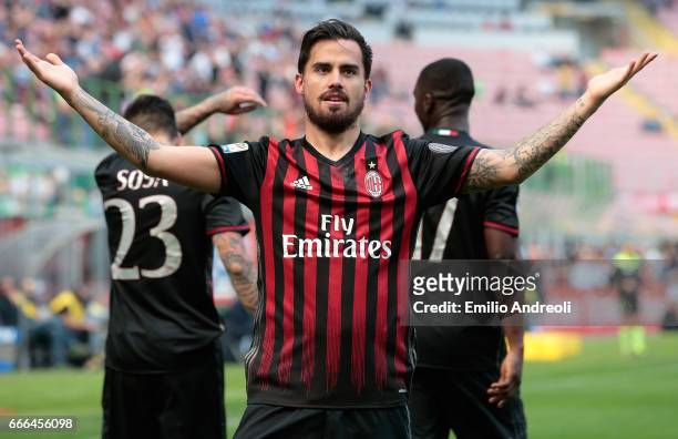 Suso of AC Milan celebrates after scoring the opening goal during the Serie A match between AC Milan and US Citta di Palermo at Stadio Giuseppe...