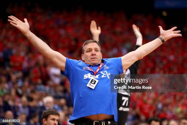 Alfred Gislason, head coach of Kiel reacts during the Rewe Final Four final match between SG Flensburg-Handewitt and Thw Kiel at Barclaycard Arena on...