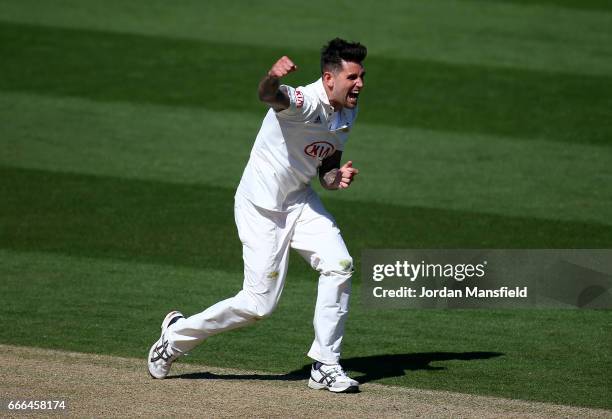 Jade Dernbach of Surrey celebrates getting the wicket of Sam Hain of Warwickshire during day three of the Specsavers County Championship Division One...