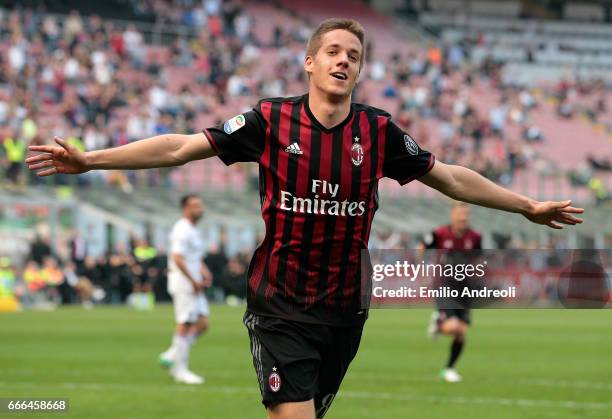 Mario Pasalic of AC Milan celebrates his goal during the Serie A match between AC Milan and US Citta di Palermo at Stadio Giuseppe Meazza on April 9,...