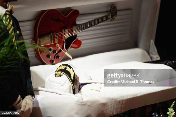 The body of Rock-n-Roll Legend Chuck Berry lies in repose during a public memorial service at the Pageant Concert Hall and Nightclub on April 9, 2017...