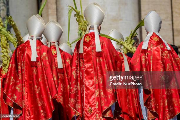 Cardinals attend the Palm Sunday Mass celebrated by Pope Francis in St. Peter's Square in Vatican City, Vatican on April 09, 2017. The celebration...