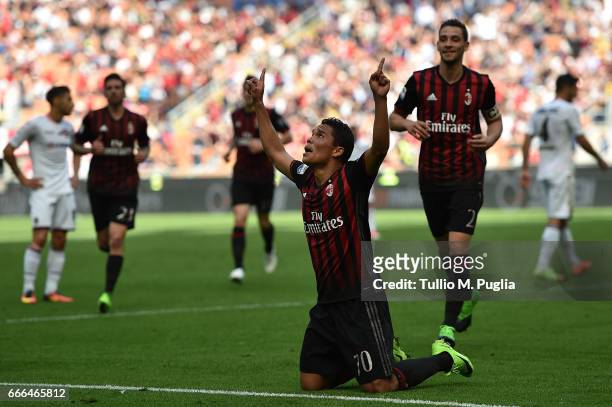 Carlos Bacca of Milan celebrates after scoring his team's third goal during the Serie A match between AC Milan and US Citta di Palermo at Stadio...