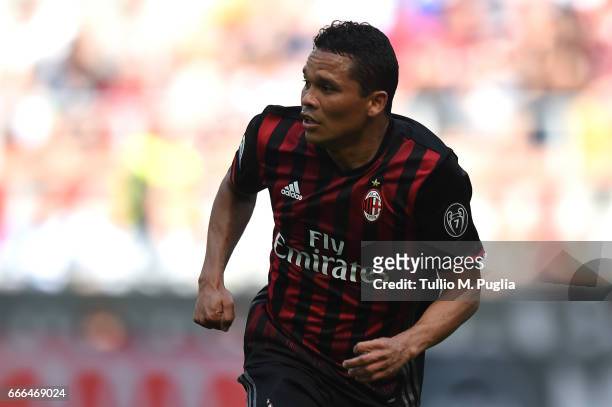 Carlos Bacca of Milan in action during the Serie A match between AC Milan and US Citta di Palermo at Stadio Giuseppe Meazza on April 9, 2017 in...