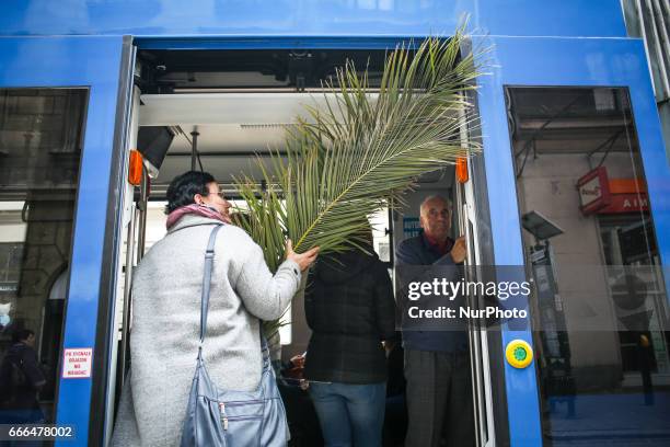 Woman enters a tram carrying a palm after attending traditional Palm Sunday celebration in Krakow, Poland on 9 April, 2017. During Palm Sunday, which...