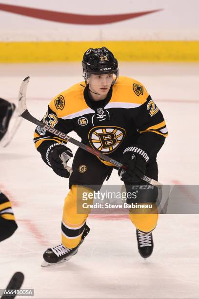 Jakob Forsbacka Karlsson of the Boston Bruins skates against the Washington Capitals at the TD Garden on April 8, 2017 in Boston, Massachusetts.