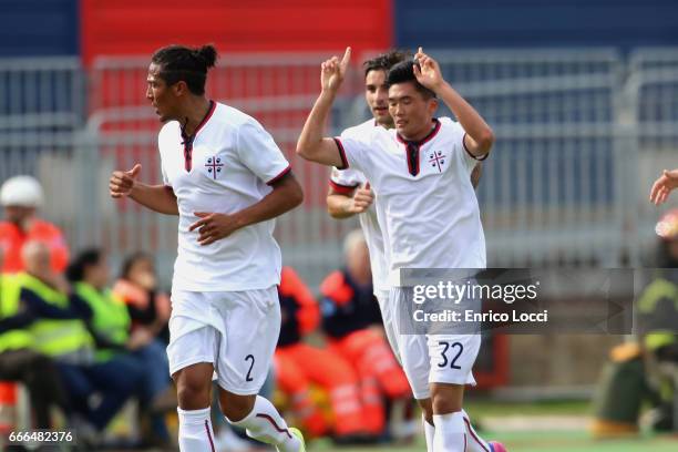 Kwang Song Han of Cagliari celebrates his goal 2-3 during the Serie A match between Cagliari Calcio and FC Torino at Stadio Sant'Elia on April 9,...