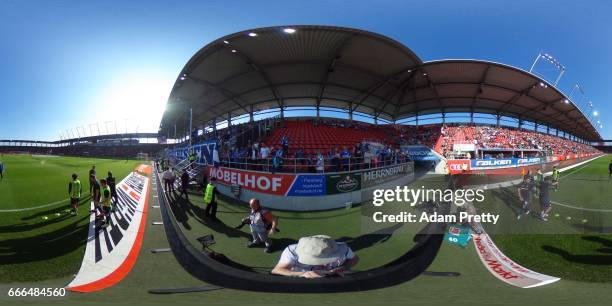 Darmstadt 98 team warm up prior to the Bundesliga match between FC Ingolstadt 04 and SV Darmstadt 98 at Audi Sportpark on April 9, 2017 in...