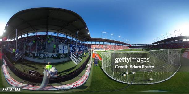 Darmstadt 98 team warm up prior to the Bundesliga match between FC Ingolstadt 04 and SV Darmstadt 98 at Audi Sportpark on April 9, 2017 in...