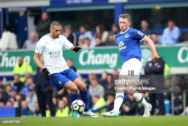 Islam Slimani of Leicester City in action with Matthew Pennington of Everton during the Premier League match between Everton and Leicester City at...