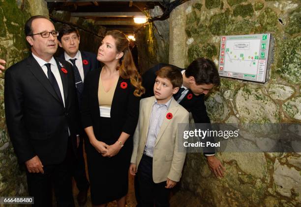 French President Francois Hollande joins Canadian Prime Minister Justin Trudeau and his wife Sophie Gregoire Trudeau and son Xavier as they visit the...