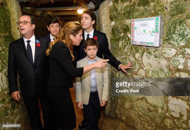 French President Francois Hollande joins Canadian Prime Minister Justin Trudeau and his wife Sophie Gregoire Trudeau and son Xavier as they visit the...