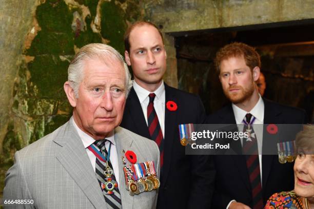 Prince Charles, Prince of Wales, Prince William, Duke of Cambridge and Prince Harry visit the tunnel and trenches at Vimy Memorial Park during the...