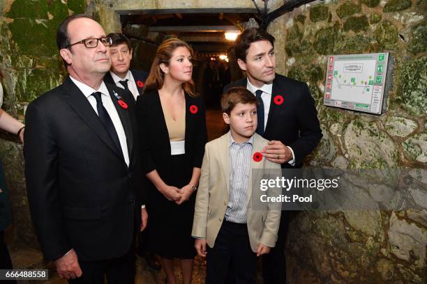 French President Francois Hollande joins Canadian Prime Minister Justin Trudeau and his wife Sophie Gregoire Trudeau and son Xavier as they visit the...