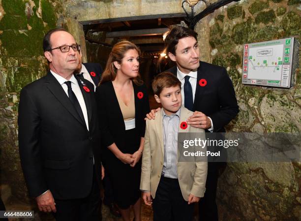 French President Francois Hollande joins Canadian Prime Minister Justin Trudeau and his wife Sophie Gregoire Trudeau and son Xavier as they visit the...