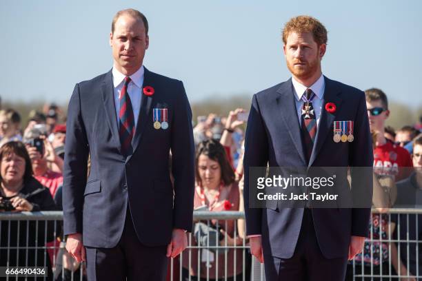 Prince William, Duke of Cambridge and Prince Harry arrive at the Canadian National Vimy Memorial on April 9, 2017 in Vimy, France. The Prince of...
