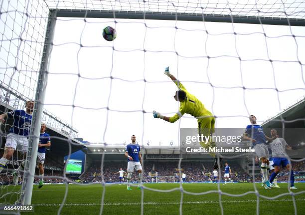 Joel Robles of Everton fails to stop a free kick by Marc Albrighton of Leicester City for the team's second goal during the Premier League match...