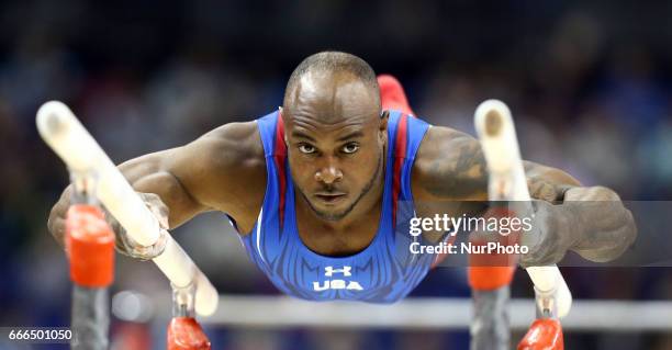 Donnell Whittenburg on the Parallel Bars during the IPRO Sport World Cup of Gymnastics at The O2 Arena, London, England on 08 April 2017.