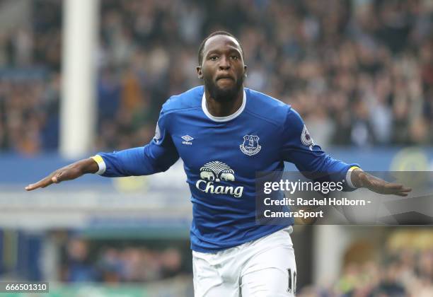 Everton's Romelu Lukaku celebrates scoring his sides fourth goal LIVERPOOL, ENGLAND during the Premier League match between Everton and Leicester...