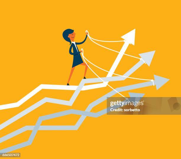 businesswoman riding many arrows - risk control stock illustrations