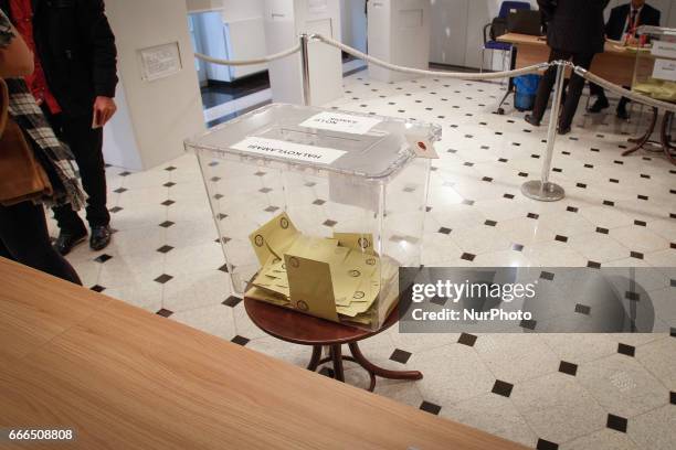 Ballot box is seen in the Turkish embassy in Warsaw on 9 April, 2017.