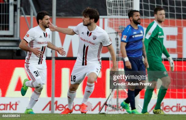 Almog Cohen of Ingolstadt celebrates his team's second goal with team mateRomain Bregerie during the Bundesliga match between FC Ingolstadt 04 and SV...