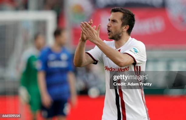 Markus Suttner of Ingolstadt celebrates his team's third goal during the Bundesliga match between FC Ingolstadt 04 and SV Darmstadt 98 at Audi...