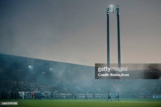Referee Glenn Nyberg deside that players of Djurgardens IF and of BK Hacken leaves the field due to too much smoke from bengals from Djurgardens IF...