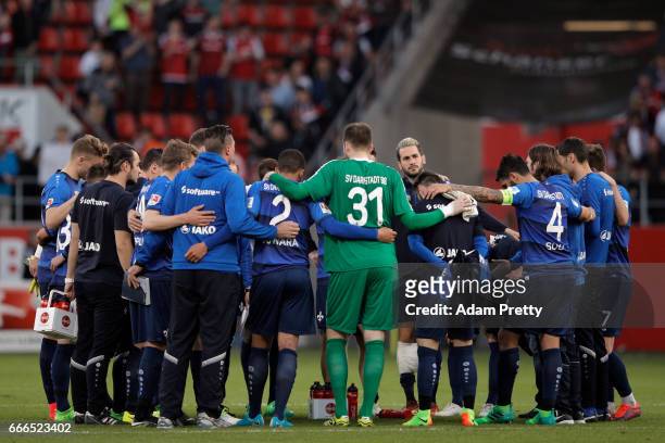 Players of Darmstadt react after the Bundesliga match between FC Ingolstadt 04 and SV Darmstadt 98 at Audi Sportpark on April 9, 2017 in Ingolstadt,...