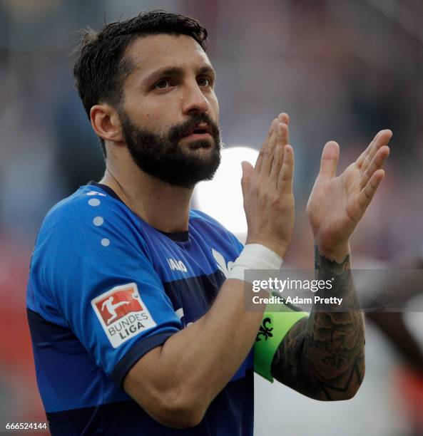 Aytac Sulu of Darmstadt reacts after the Bundesliga match between FC Ingolstadt 04 and SV Darmstadt 98 at Audi Sportpark on April 9, 2017 in...