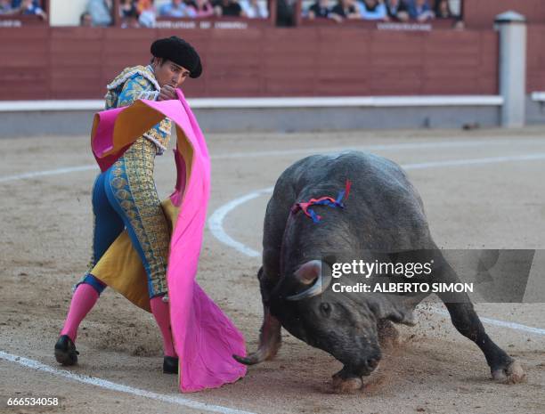 Spanish matador Gomez del Pilar performs a pass on a bull during the Domingo de Ramos bullfight at Las Ventas bullring, in Madrid on april 9, 2017. /...