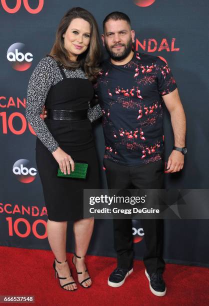 Actors Katie Lowes and Guillermo Diaz arrive at ABC's "Scandal" 100th Episode Celebration at Fig & Olive on April 8, 2017 in West Hollywood,...