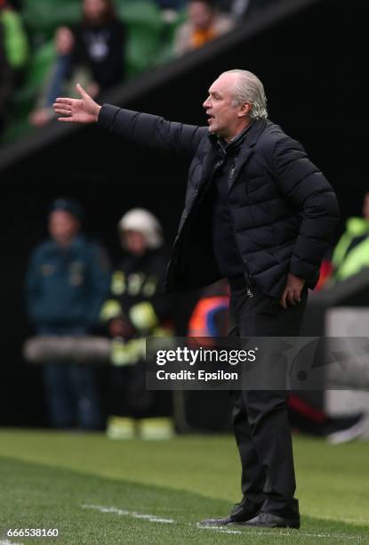 Head coach Igor Shalimov of FC Krasnodar gestures during the Russian Premier League match between FC Krasnodar and FC CSKA Moscow at the Krasnodar...